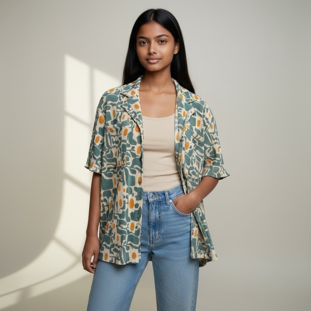 Plisse Pleated Short Sleeve Button Down Retro Floral Shirt Teal Orange Cream